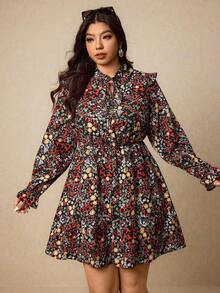 Elaquor Plus Size Geometric Print Waist Flared Long Sleeve Dress For Women/Valentine's Day - Multicolor - View 4
