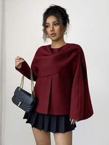 SHEIN Elenzya 秋冬复古巧克力色披肩领外套 - 紅色 - 查看 3