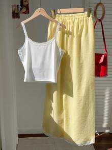 Comfortcana Women's Casual Yellow Lace Trim Camisole And Striped Pants 2-Piece Set, Back To School Season Butter Yellow Two Piece Set - Yellow - View 2