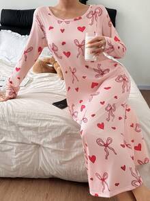 SHEIN 蝴蝶结爱心印花针织宽松长袖睡裙，冬季 - 彩色 - 查看 5