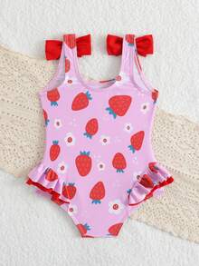 女婴沙滩装樱桃印花针织面料肩部蝴蝶结荷叶边连体泳衣，时尚休闲优雅，适合游泳、度假、夏季穿着 - 彩色 - 查看 3