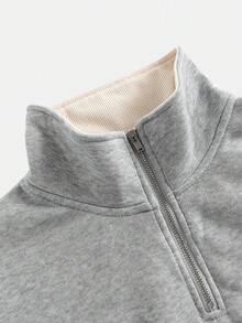 Teen Girl Embroidered Pattern Metallic Zipper Collar Loose Casual Sweatshirt, Grey - Grey - View 3