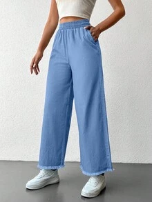 EURMUSE 100%Cotton Elastic Waist Raw Hem Wide Leg Pants - Blue - View 3