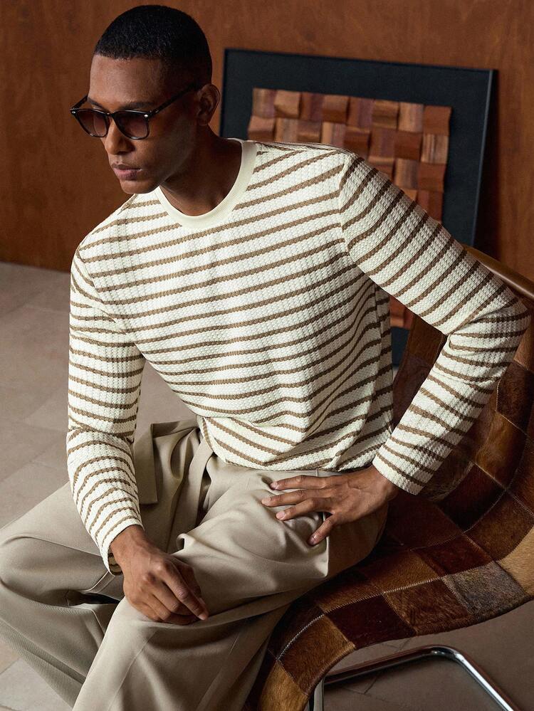 Men's Striped Crew Neck Casual Versatile Long Sleeve T-Shirt Men Sweater Top Tarte Mcrae Men Knit Shirt Henley Men Stripe Top Men Knit Tops Brown And White Shirt Men