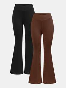Girlism 2pcs/Set Teen Girls Basic Mid-Calf Flare Leggings, Black & Brown Waistband Criss-Cross Design Skinny Casual Flare Pants Set - Brown - View 11