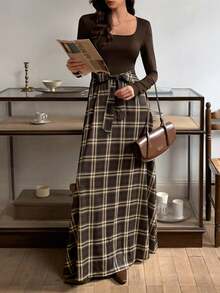 Elyressa Women's Fashion French Square Collar Elegant Urban Commute Long Sleeve Knit Patchwork Plaid Back-To-School Christmas Halloween Holiday Casual Daily Elegant Dress, Autumn/Winter, All Season