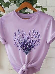 EMERY ROSE Lavender Floral Heart Pattern Round Neck Short Sleeve Fashionable Plus Size T-Shirt - Purple - View 3