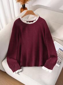 CosyJoli Áo len chui đầu lưới màu hồng cổ tròn phối ren thường ngày cỡ lớn - Màu Đỏ Sâu - Xem 5