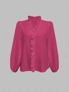 EMERY ROSE Women's Solid Color Ruffle V-Neck Lantern Sleeve Fashionable Blouse - Hot Pink - View 4