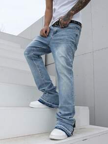 Manfinity EMRG 男士浅色水洗叠层喇叭牛仔裤，踝部拉链设计。修身长款牛仔裤，打造现代休闲风格。男士牛仔裤 - 淺色水洗藍 - 查看 6