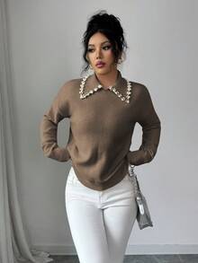 SHEIN Elenzya Aniusta 女士秋冬休闲上衣，适合度假、独立日、劳动节、哥伦布日、感恩节、情人节、复古风、斯德哥尔摩风、图卢姆风、韩版风、优雅百搭、学生装、教师装、哥特风、办公室装、商务休闲装、返校季等场合，黑色针织衫，领口饰有装饰。 - 卡其色 - 查看 6