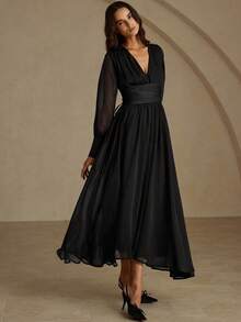 EMERY ROSE Đầm tay dài xòe cổ chữ V bằng vải satin phong cách Âu Mỹ thời trang đa năng, đi làm, thu đông - màu đen - Xem 3