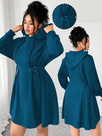 Elenzga Fashionable Casual Commuter Chic Comfortable Waist-Cinched Hooded Dress