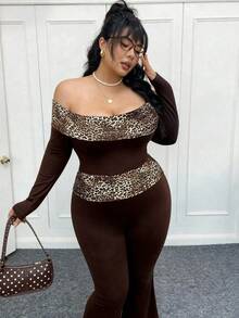 CovetEZ Plus Size Autumn Leopard Print Off-Shoulder Fitted Top And Flare Pants 2 Pieces Set,Women Night Out Club Outfit,Brown Classy Curve Bodysuit Set - Brown - View 4