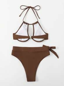 Swim Vcay Women's Solid Color Hollow Out Halter Tie Sexy Bikini Swimsuit Set, Non-Push Up With Underwire - Coffee Brown - View 2