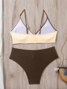 SHEIN Swim 夏季沙灘色塊交叉包覆高腰比基尼套裝 - 彩色 - 查看 5