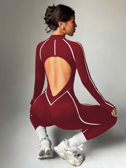 Dewbera Mono de fitness sin costuras, de alta elasticidad, con manga larga y pantalón largo con cremallera