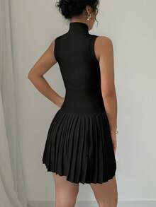 Selianne Solid Color Sleeveless Pleated Sweater Dress, Casual Daily Wear