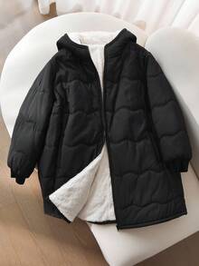 SHEIN CURVE+ Veste à capuche à zip avant manches longues pour femmes grande taille, porter décontracté au quotidien, doublure thermique épaisse pour l'hiver - Noir - Voir 3
