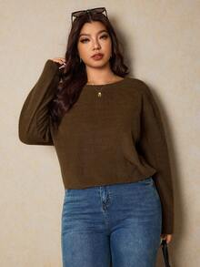 Elaquor Plus Size Women Tie Back Design Brown T-Shirt, Casual Commuter Wear - Brown - View 5