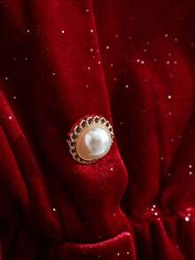 GlowEve Cute Non-Detachable Bowknot, Pearl Decor Round Neck Long Flare Sleeve Buttoned Front Blouse For Women, Suitable For Home, Commute, Outing, Party, Sparkling - Red - View 5