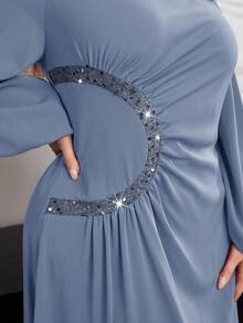 Modelyn Váy dài tay thanh lịch cổ bẻ xếp nếp màu trơn cỡ lớn, dành cho Giáng sinh, Váy đỏ tía cỡ lớn, Váy thanh lịch cỡ lớn, Váy dạ hội dài màu đỏ cỡ lớn - Màu xanh bụi bặm - Xem 7