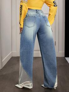 Slaydiva Women's Patchwork Fishnet Loose Fit Pocket Casual Wide Leg Jeans - Blue - View 2