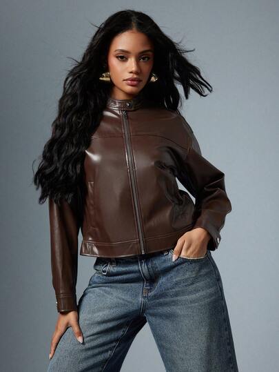 Hauture Women's Sexy Street Daily Front Zip With Scarf Boho Moto Pu Faux Leather Jacket