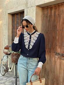 Pariaura Áo cánh nữ thanh lịch cổ đứng tay bồng phối ren tương phản, cài nút đơn - Xanh đậm - Xem 5