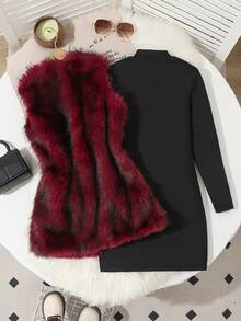 Bộ 2 áo khoác vest không tay mềm mại và váy dệt kim ôm sát họa tiết cho bé gái, thoải mái khi đi nghỉ - Đỏ - Xem 2