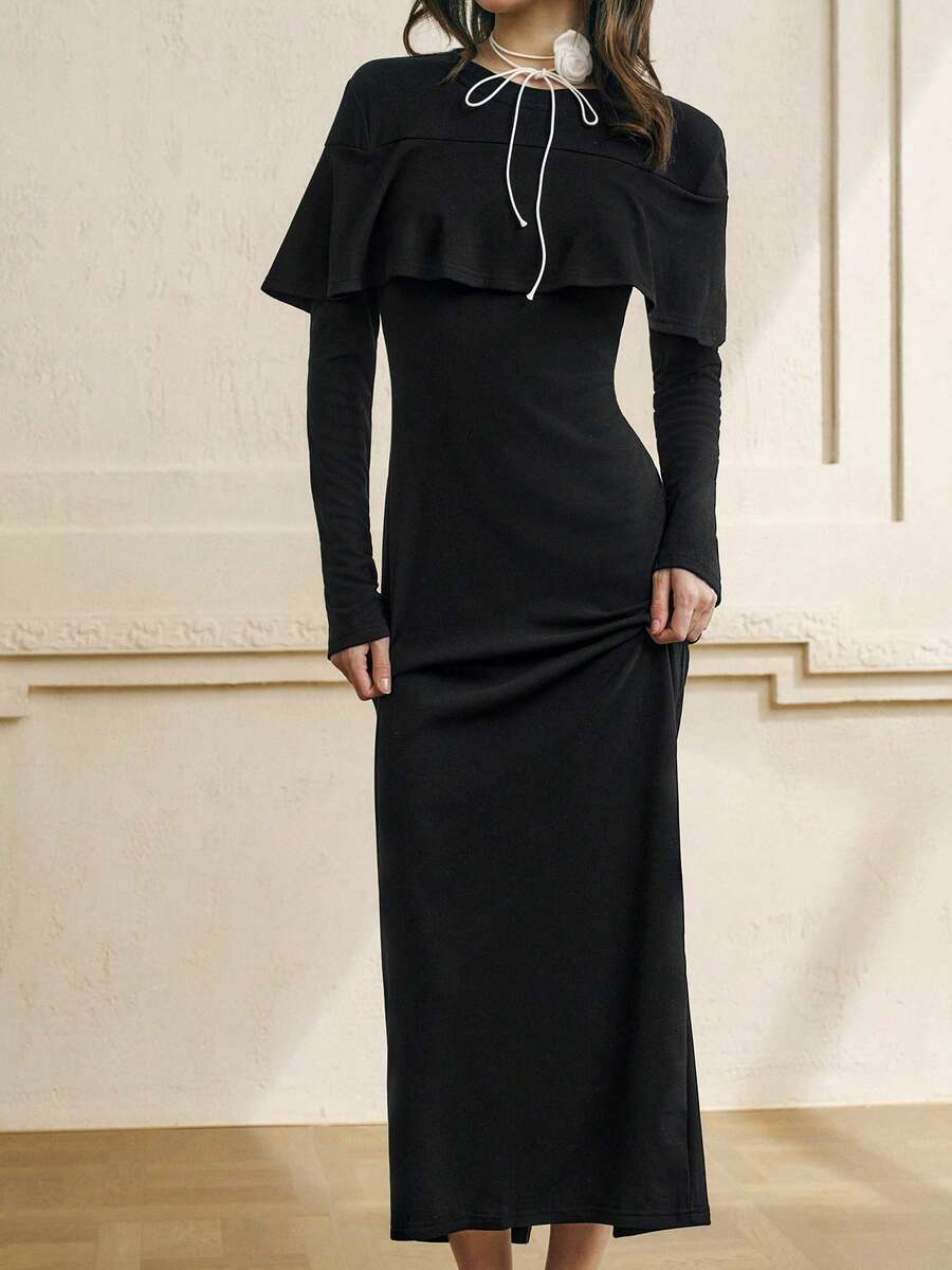 Cévolie Robe élégante ajustée à col rond et volants à l'ourlet pour femmes, couleur unie - Noir - Voir 1