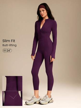 GLOWMODE Salopă FeatherFit™-Air Glow Giver de 24" - Material moale, respirabil, absorbant al transpirației, fermoar frontal, panouri laterale cu nervuri, cusături de conturare, orificii pentru degetele mari, cusături adânci în V la spate, cupe detașabile, salopă cu mânecă lungă, rezistentă la impact, pentru sport zilnic, toamnă-iarnă