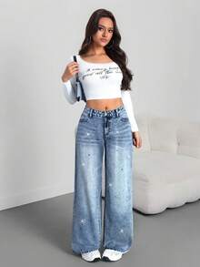 SHEIN Tall Women's Skinny Fit Straight Leg Jeans, Black With Rhinestone Embellishment, Tall Women - Light Wash - View 5