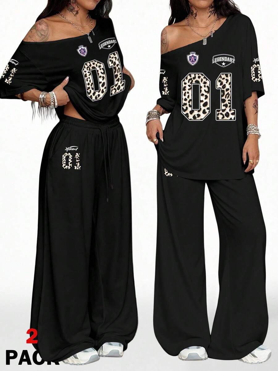 Coolane 2 件套女士休闲复古运动风格豹纹印花 01 号徽章图案斜肩 T 恤和运动裤套装，适合秋冬 - 彩色 - 查看 1