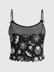 ROMWE Goth 大码女式哥特骷髅、蜘蛛、蝙蝠印花撞色吊带背心和短裤睡衣套装 - 黑色 - 查看 8