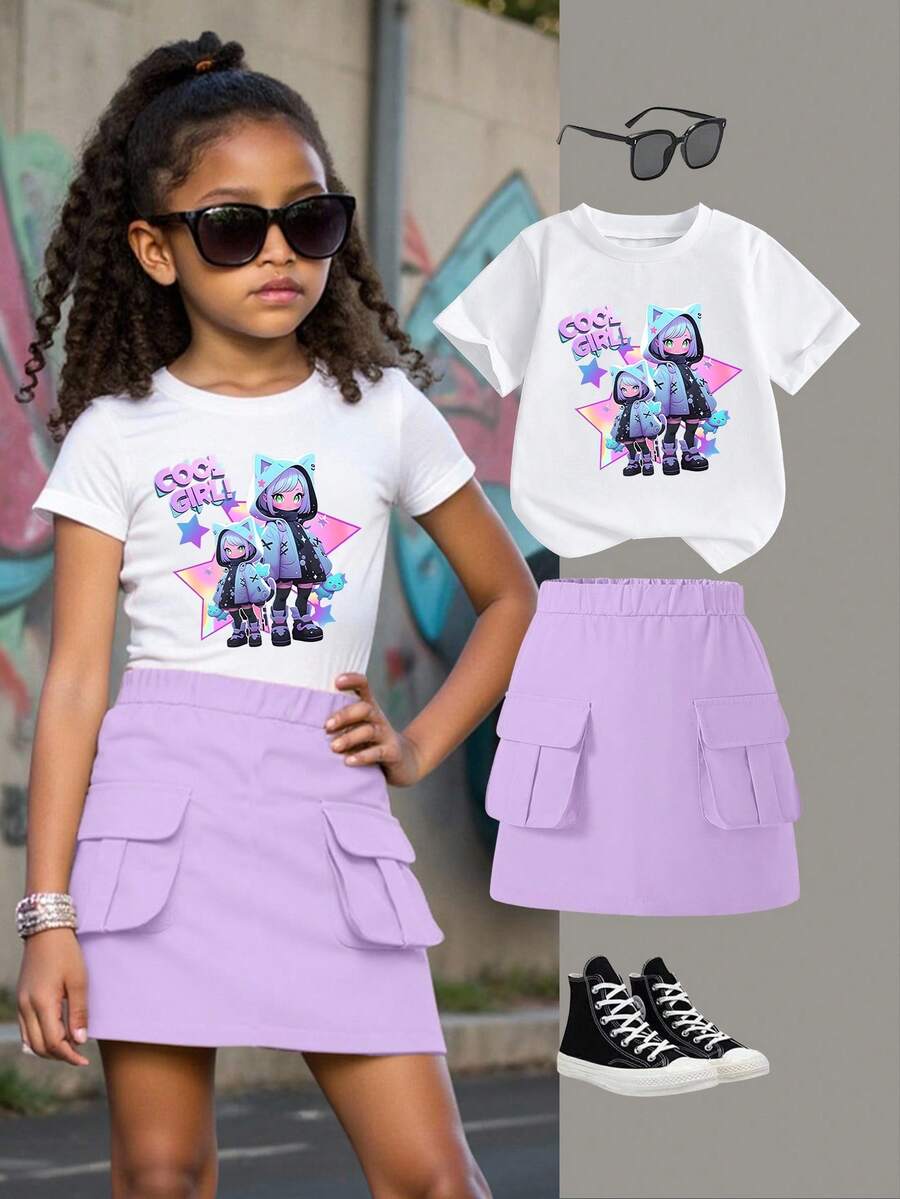SHEIN ChillGRL 两件套休闲时尚女童春秋冬短袖连衣裙套装,酷炫卡通人物扎染印花设计,包含一件短袖圆领T恤和一条紫色工装裙,舒适的短袖圆领T恤搭配打底裤,适合春夏休闲、时尚街头风、户外野餐、上学、聚会等场合,也是馈赠佳品。 - 彩色 - 查看 1
