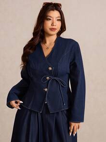Elaquor 大码女式休闲束腰长袖牛仔衬衫 - 深色水洗藍 - 查看 3