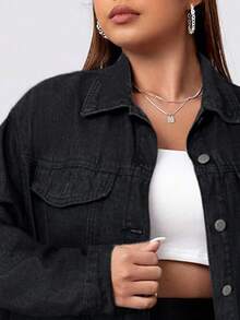 SHEIN ICON Plus Size Women's Drop Shoulder Long Sleeve Single-Breasted Casual Loose Denim Jacket, Fall Women Clothes - Dark Grey - View 6