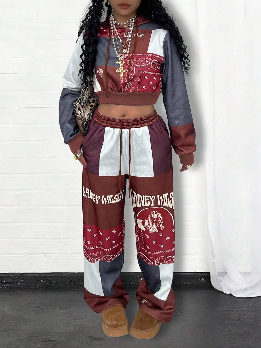 Rovax 修身短款连帽衫插肩长袖套头衫+斜口袋休闲裤套装 - 彩色 - 查看 1