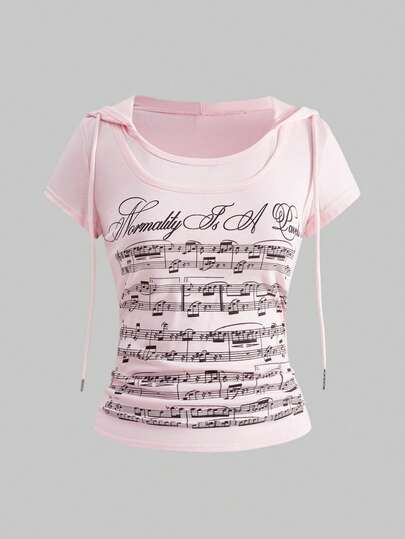 J-Fashion Y2K Retro Millennium Babe Music Note Print Hooded 2 In 1 Short Sleeve Hoodie