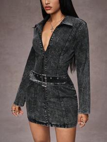 Jeanoix Women's Solid Color Casual Long Sleeve Denim Dress - Black - View 3