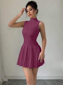 Selianne 女士纯色简约休闲无袖褶皱针织连衣裙 - 玫紅色 - 查看 4