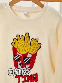 Teenage Boys' Popular French Fries Embroidered Long Sleeve Top Paired With Black Background Hamburger, French Fries, Soda Element Pattern Plush Long Pants Casual Pajama Set, Suitable For Autumn/Winter