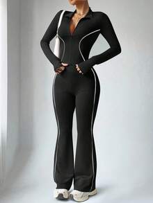 With My Calm 2 件套女士秋冬运动套装，全拉链长袖立领撞色条纹夹克和高腰撞色条纹喇叭裤，适合休闲、跑步、瑜伽、健身 - 黑色 - 查看 1