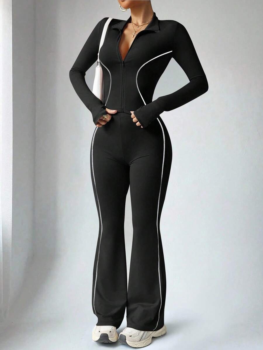 With My Calm 2 件套女士秋冬运动套装，全拉链长袖立领撞色条纹夹克和高腰撞色条纹喇叭裤，适合休闲、跑步、瑜伽、健身 - 黑色 - 查看 1