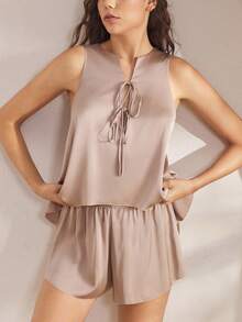 Ocili Bộ đồ ngủ không tay buộc dây bằng vải satin thoải mái dành cho nữ - Màu Khaki - Xem 4