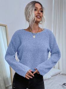 EMERY ROSE Women Casual Solid Color Dropped Shoulder Loose Ribbed Knit Pullover Sweater Gray Sweatergrey Jumper - Blue - View 5