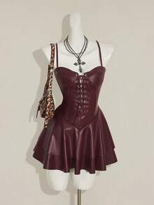 SHEIN ICON 女士Y2K时尚性感夜店派对节日装扮Y2K夜店风露背PU皮迷你吊带裙，黑色 - 酒紅色 - 查看 6