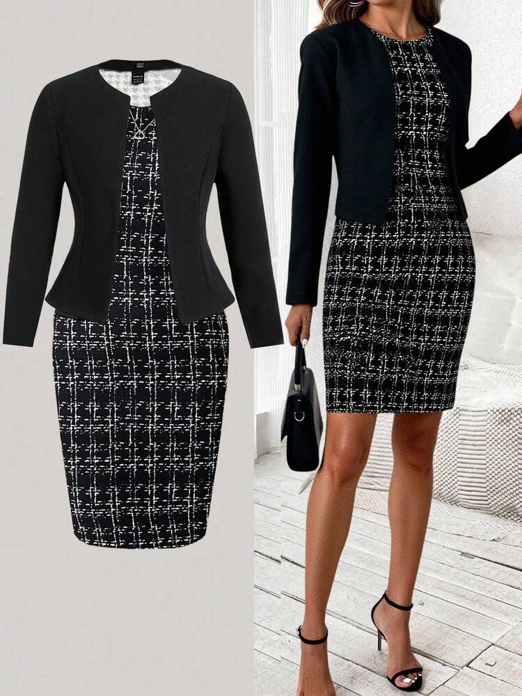Plus Size Women's Knit 2 Pieces Set, Jacket + Gingham Print Pinafore Dress, Christmas Party, Ladies Business Suit, Elegant For Set Party, Autumn/Winter,2025 New, Thanksgiving, Thanksgiving Outfit For Women, Clothes For New Year Christmas Clothes Elegant Dress Women Winter Clothes For Women Cozy Fall And Winter Clothes For Women Christmas Pajamas Christmas Clothes New Year Clothes Winter Clothes For Women