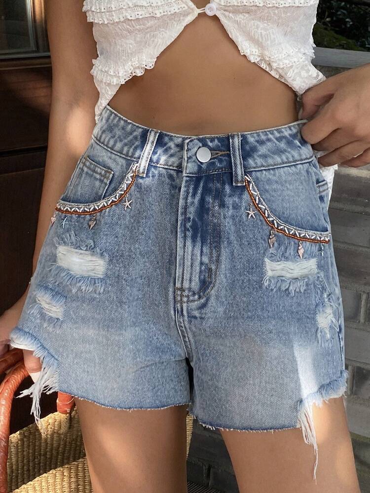 Women's Summer Sequins & Sequin Decorated Frayed Hem Denim Shorts, Vacation Style Y2k Jorts